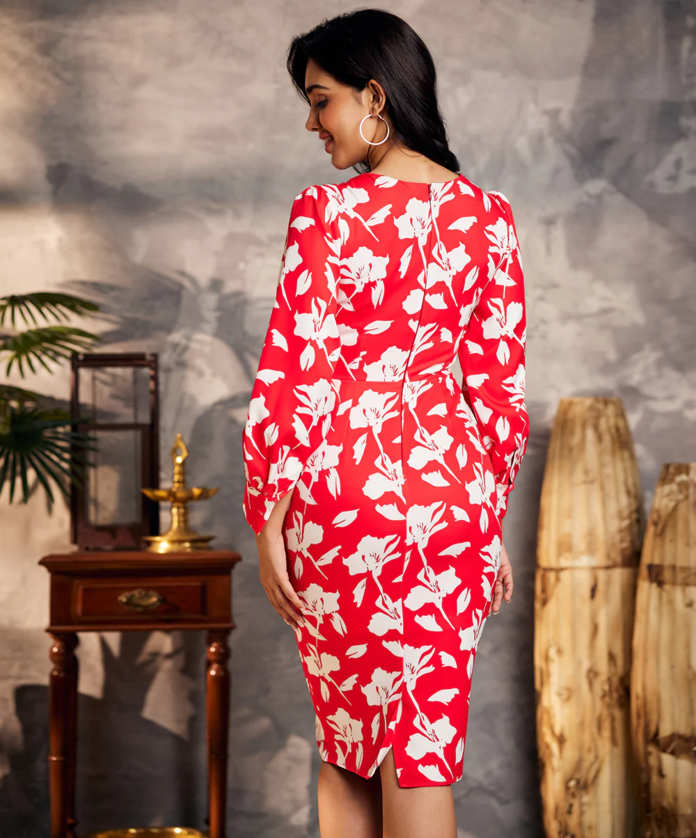 Floral Print Front Button Red Dress - Image 3