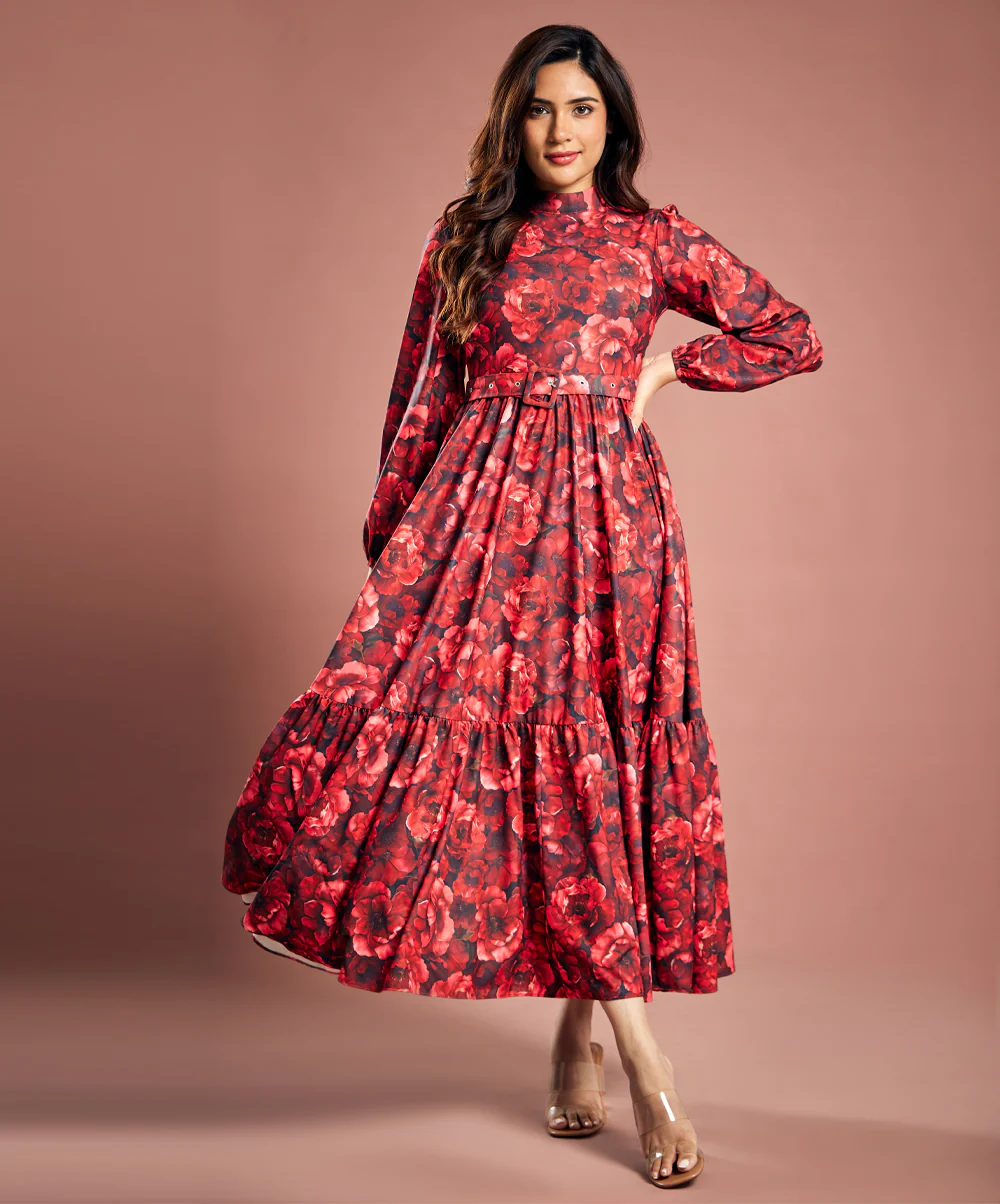 Floral Print Lantern Sleeve Dress - Image 2