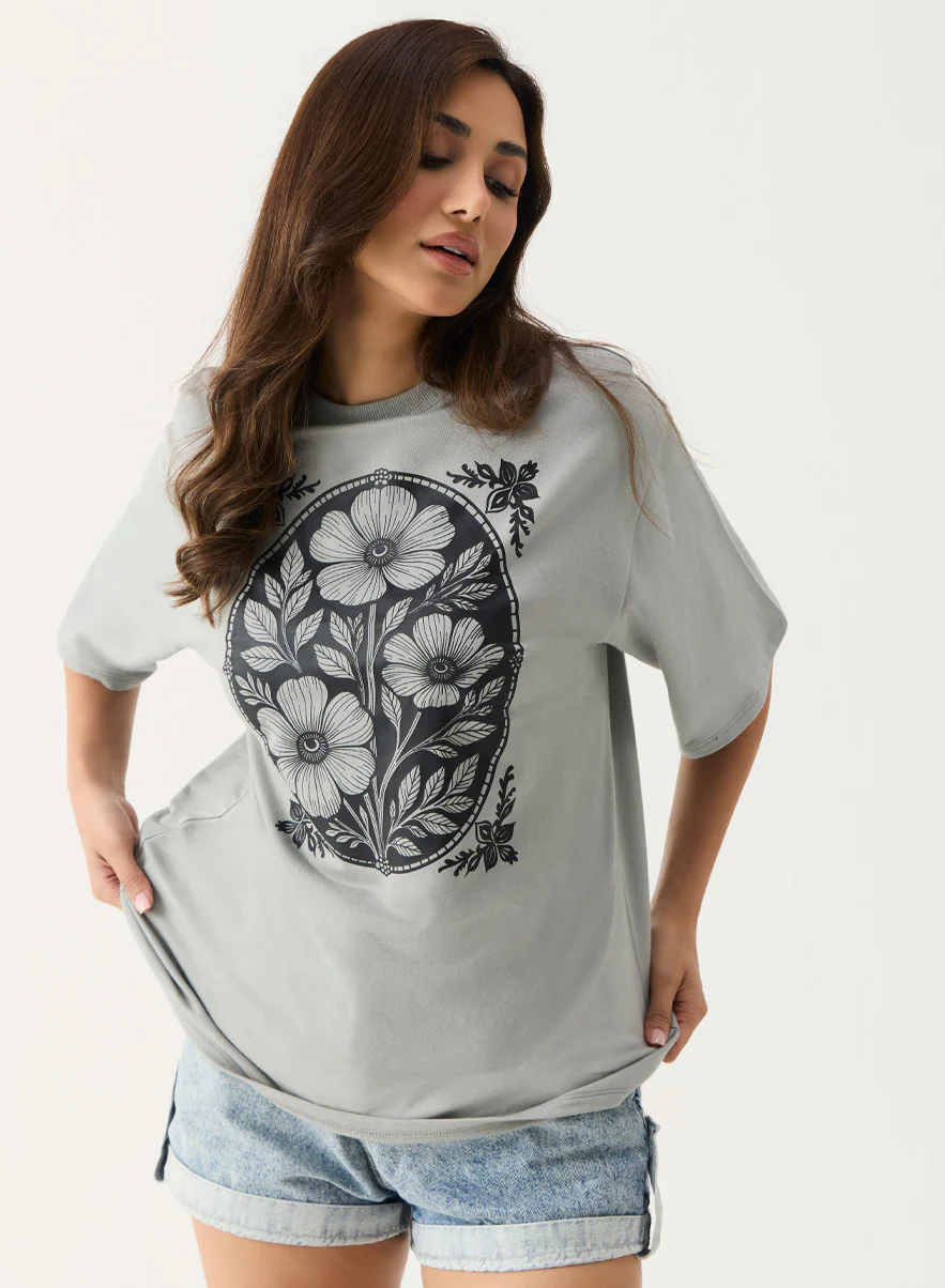 Floral Printed Grey Color T-shirt - Image 5
