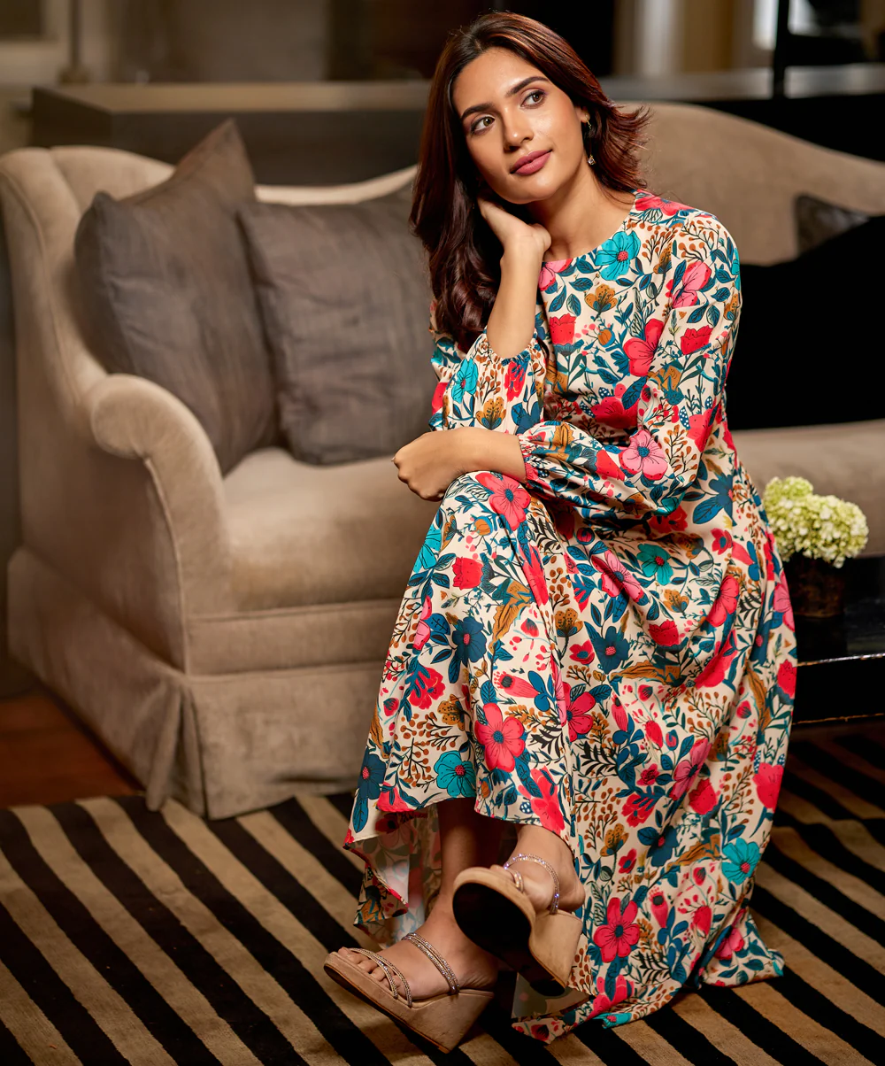 Floral Printed Long Sleeve Midi Dress - Image 4