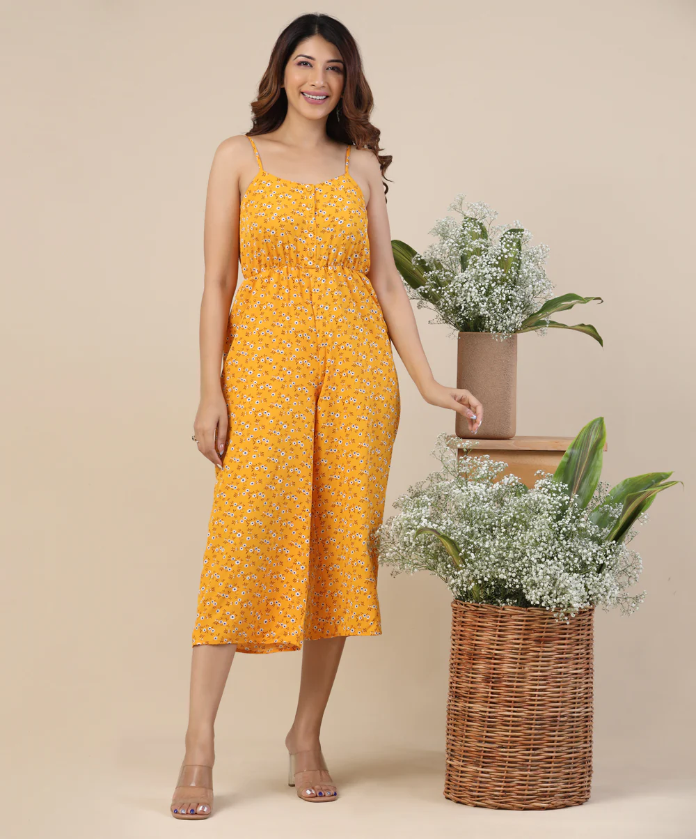 Floral Printed Mustard Romper - Image 2