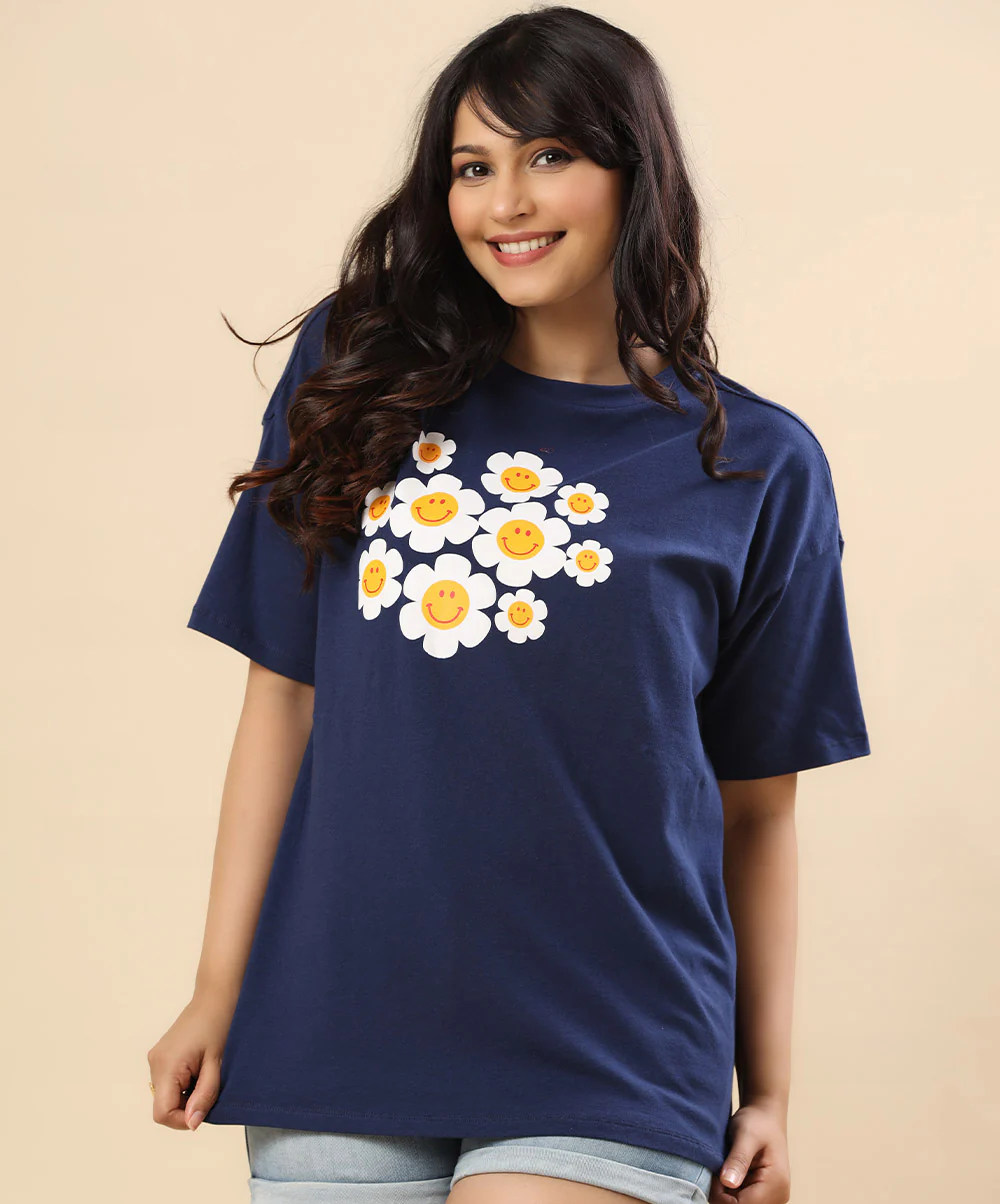 Floral Printed Oversized Navy Tshirt