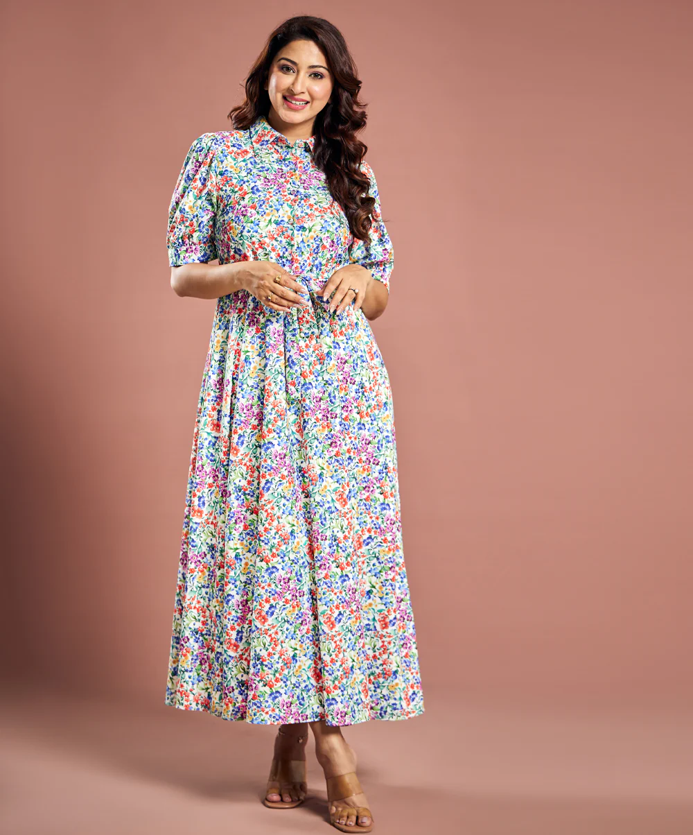 Floral Printed Short Sleeve Detailed Dress - Image 3