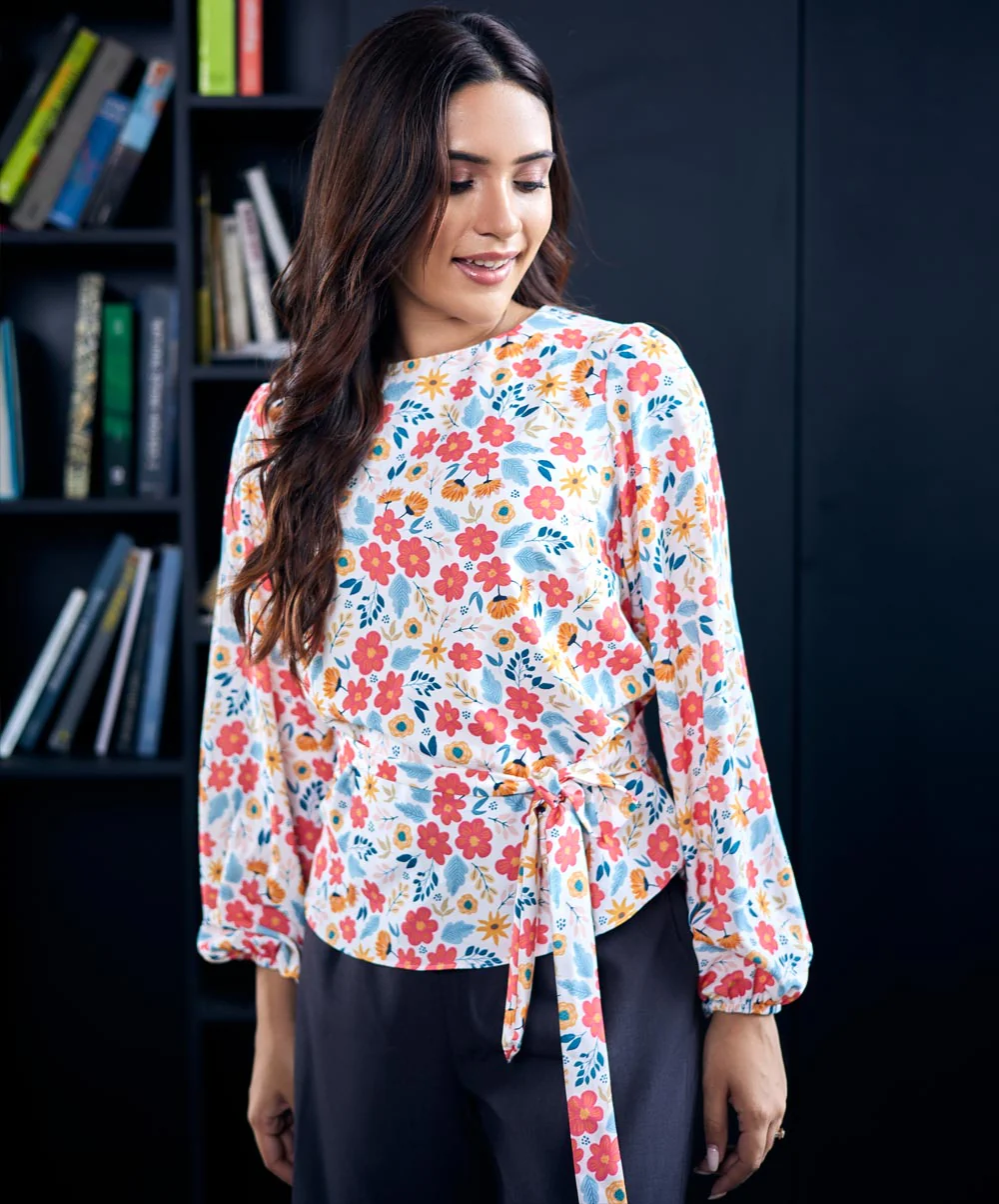 Floral Printed Waist Tie Chiffon Top - Image 3