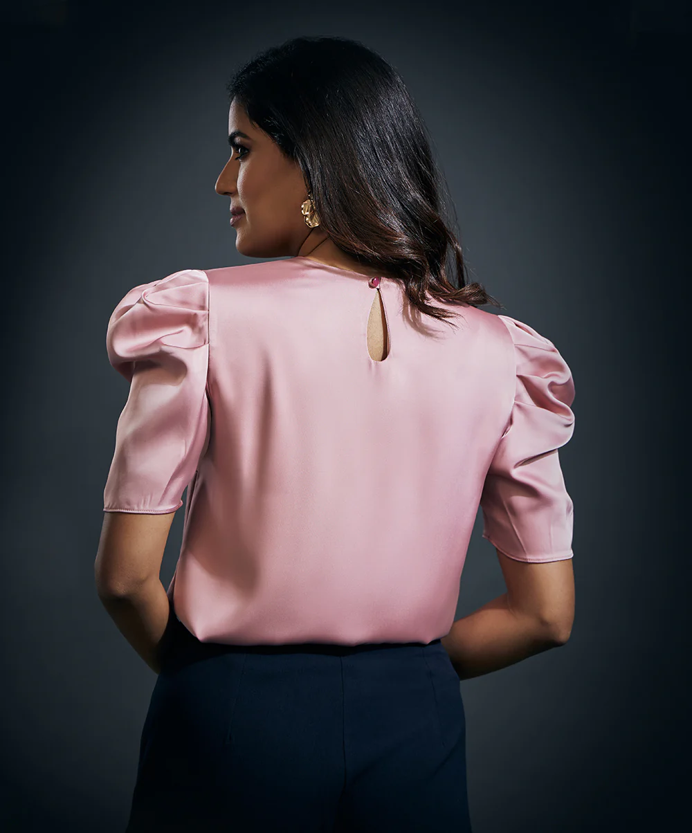 Front Bow Attached Pink Satin Top- Pink - Image 5