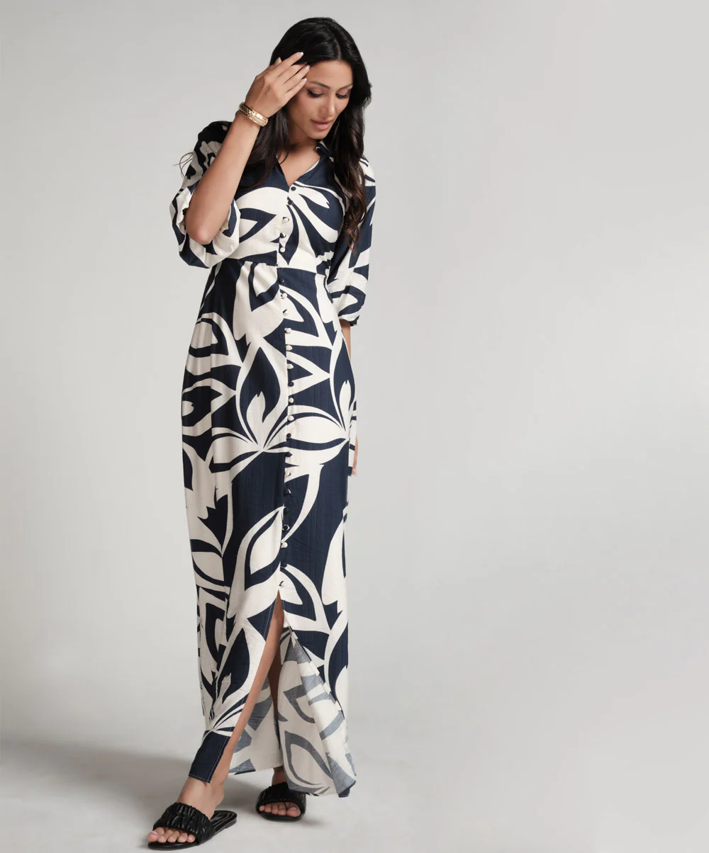 Front Buttoned Blue Printed Maxi Dress - Image 6