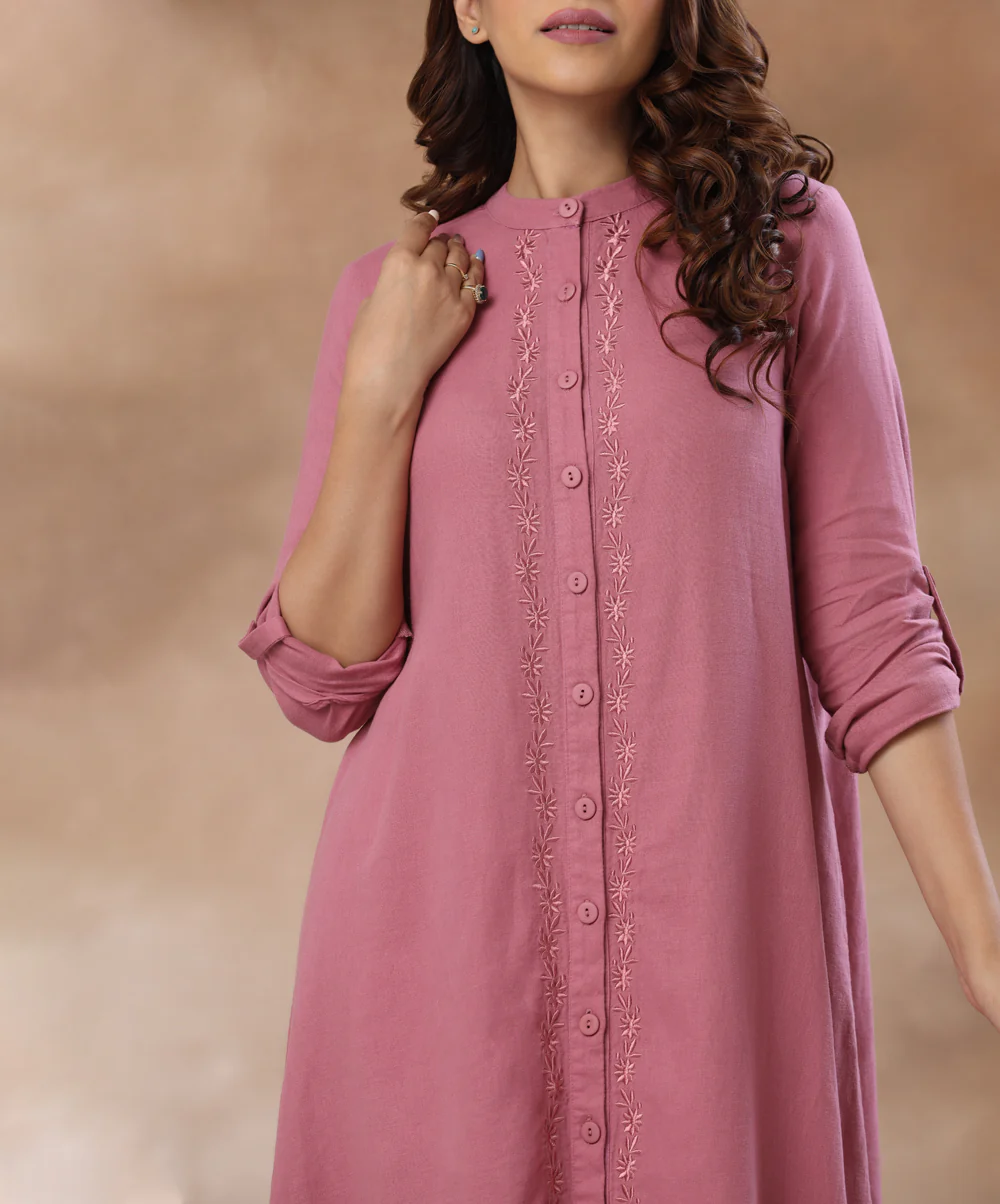 Front Buttoned Embroidered Shift Dress - Image 2