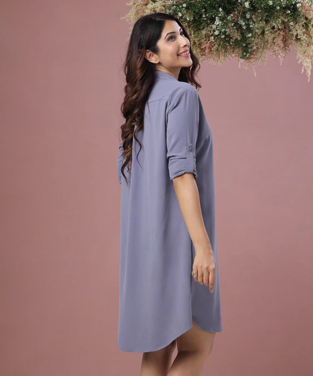 Front Buttoned Long Sleeve Grey Dress - Image 3