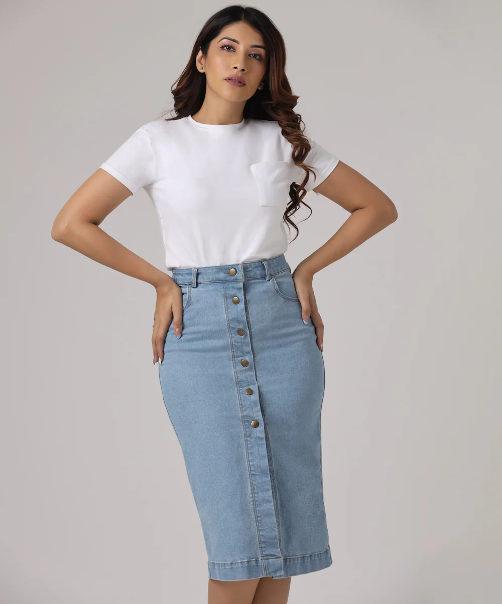 Front Buttoned Midi Length Denim Skirt