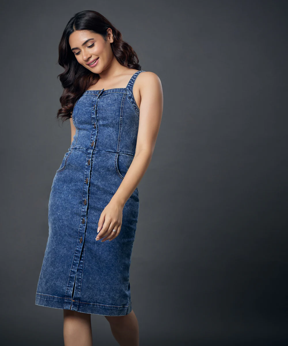 Front Buttoned Pinafore Denim Dress - Image 2