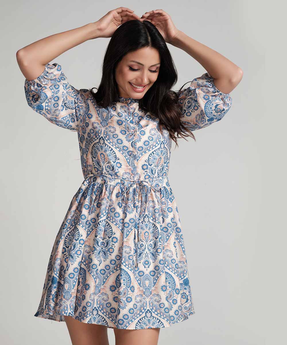 Front Buttoned Printed Mini Dress-Blue - Image 4