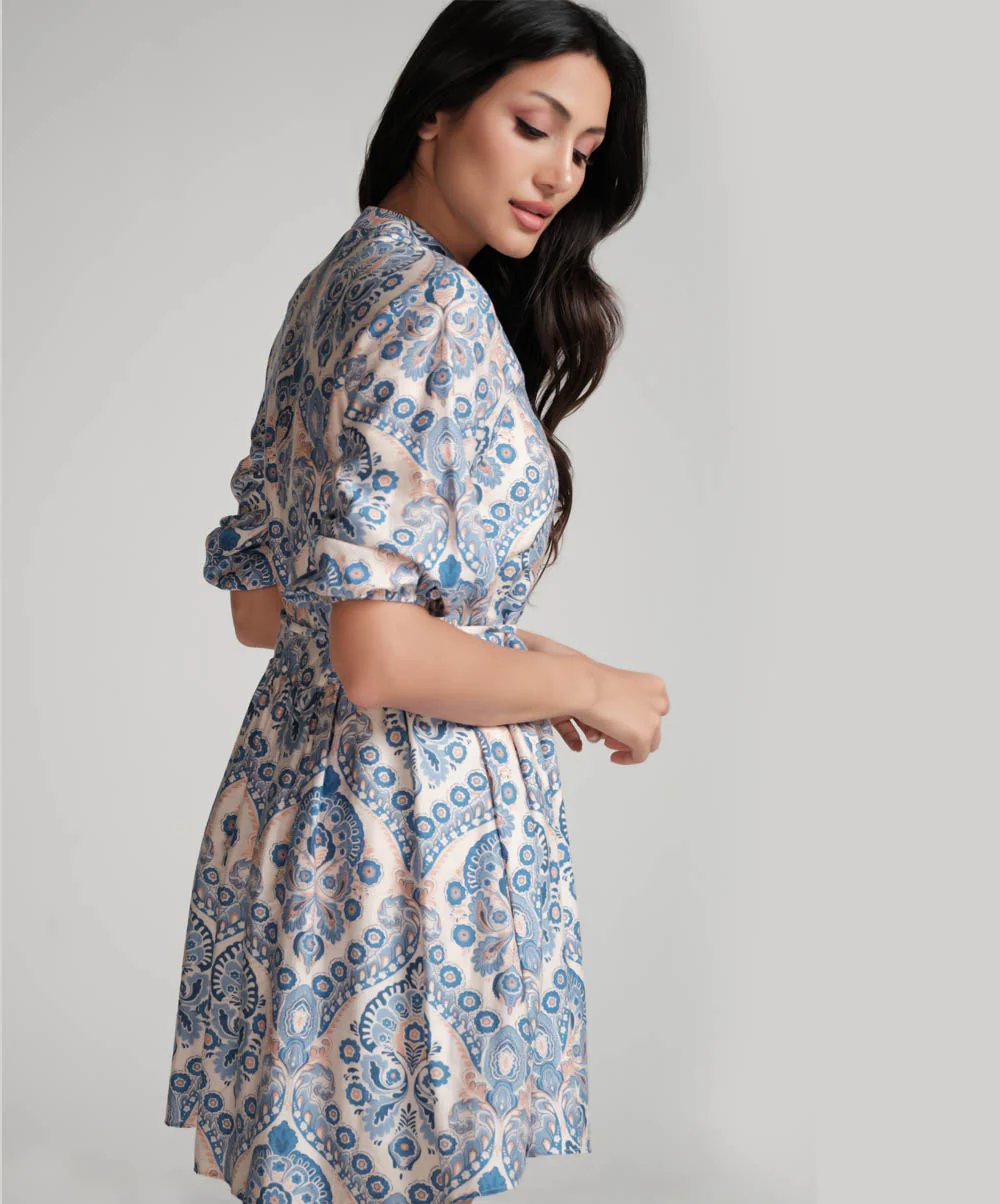Front Buttoned Printed Mini Dress-Blue - Image 7
