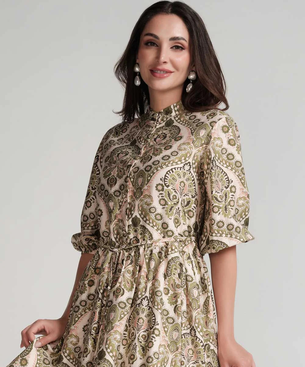 Front Buttoned Printed Mini Dress-Green - Image 4