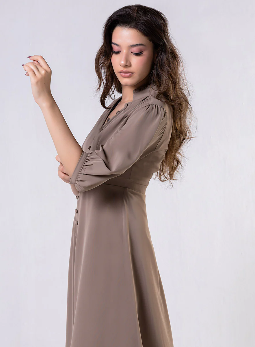 Front Buttoned Solid Chiffon Dress - Image 3