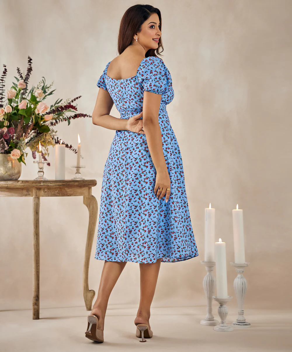 Front Knot Bust Split Blue Dress - Image 4