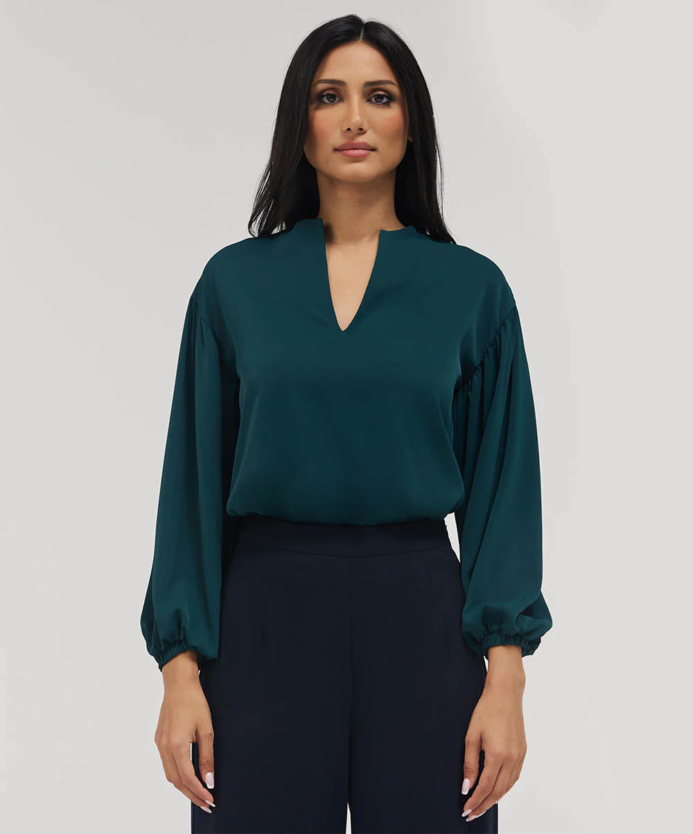 Front Neck Open Long Sleeve Top-Dark Green - Image 2
