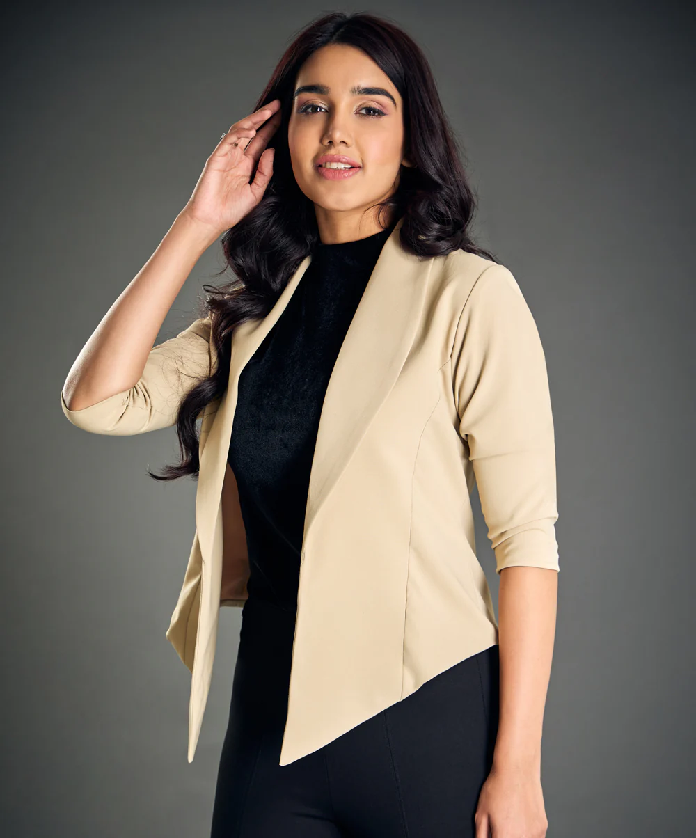 Front Open Beige Work Office Blazer - Image 2