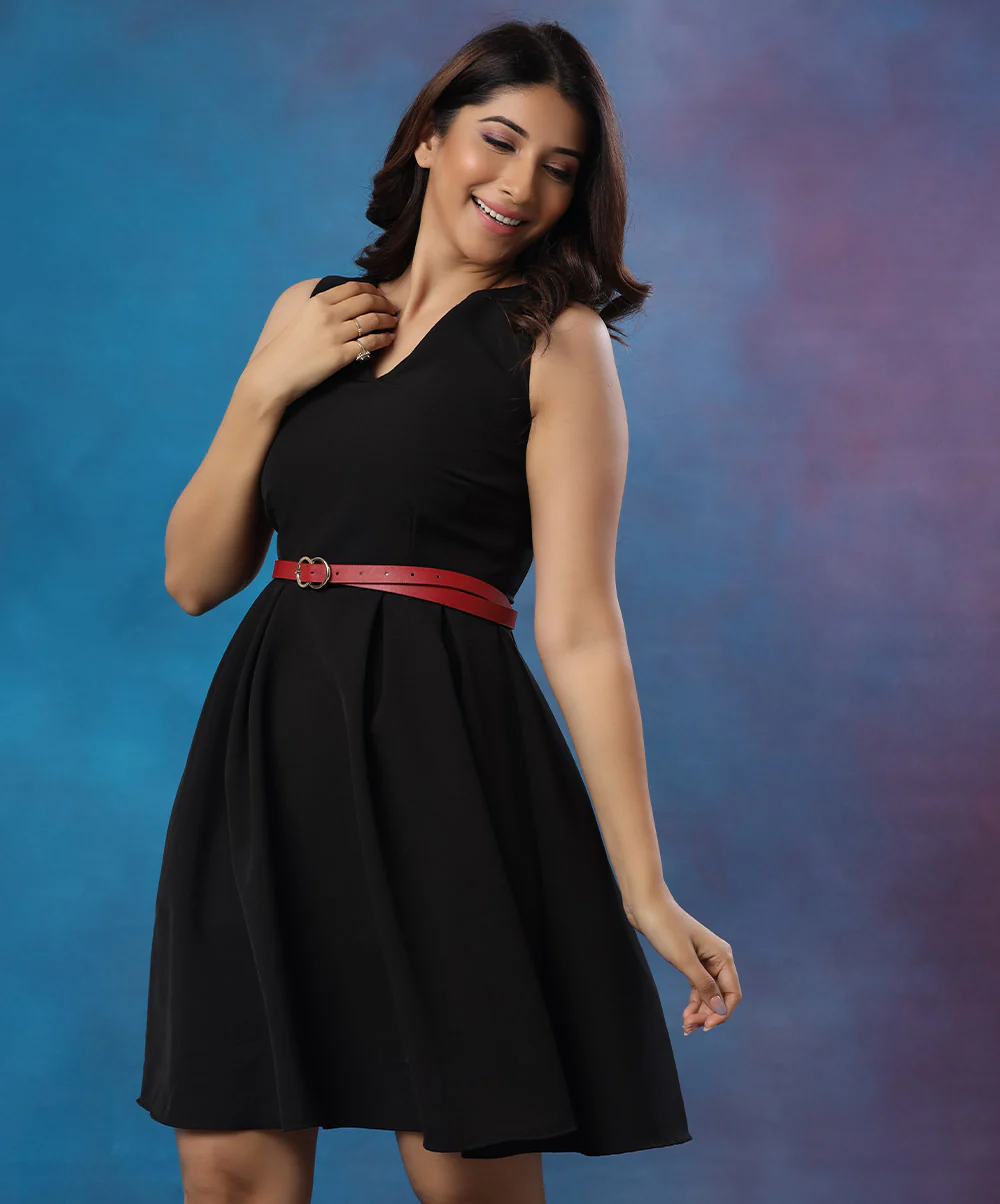 Front Open Pleated Black Dress - Image 2