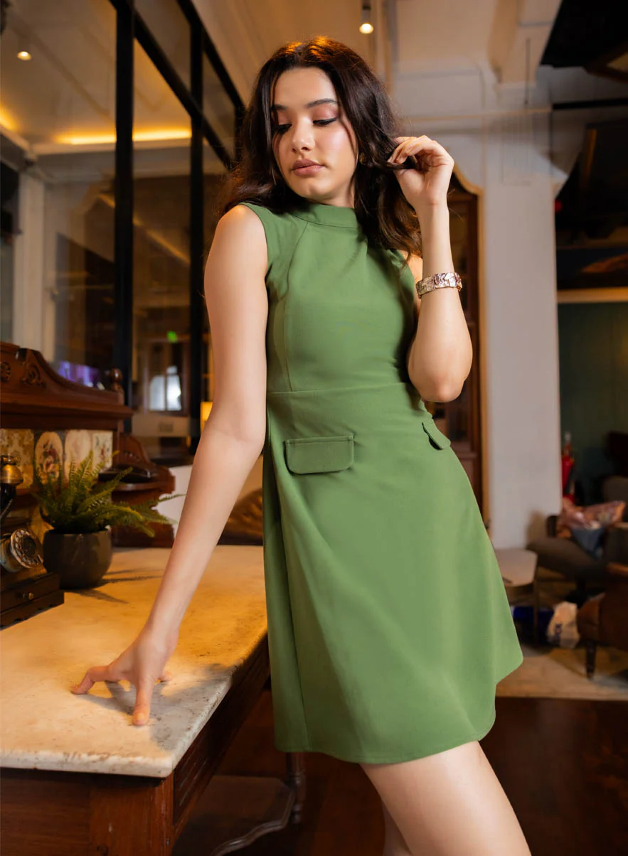 Front Panelled Mini Dress With Flaps - Green - Image 11