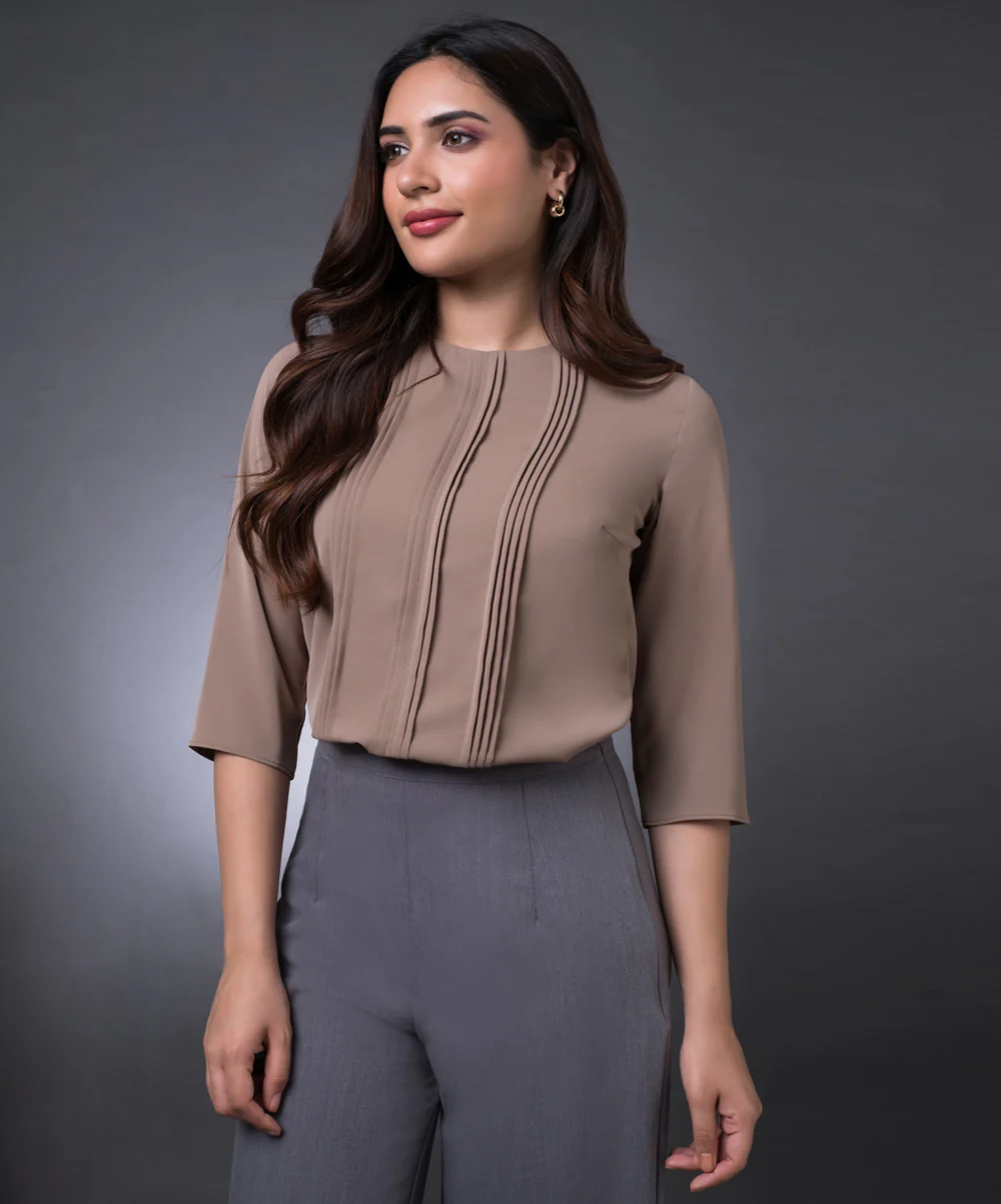 Front Pintuck Long Sleeve Brown Top - Image 2