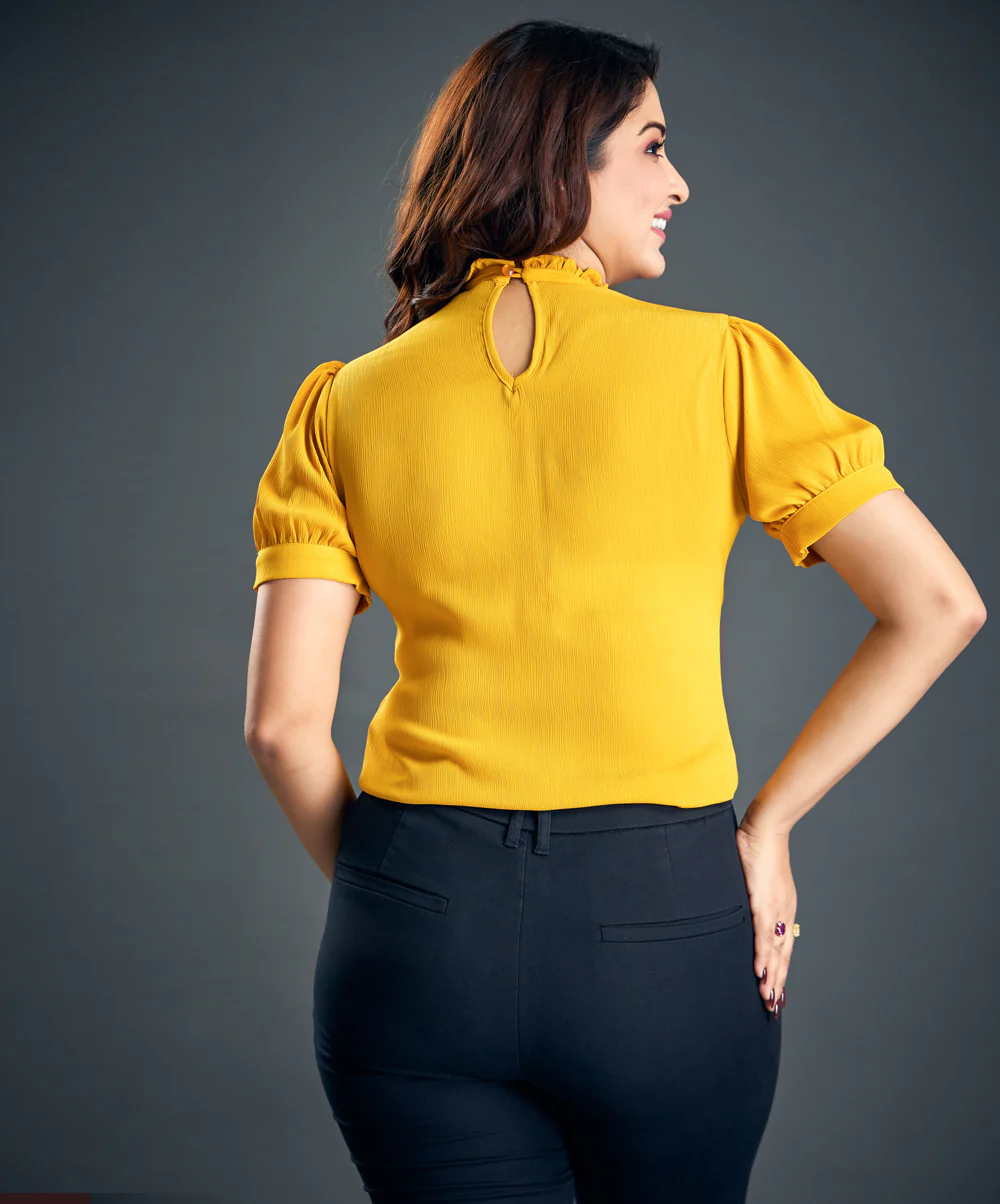 Front Pintuck Neck Band Yellow Top - Image 4