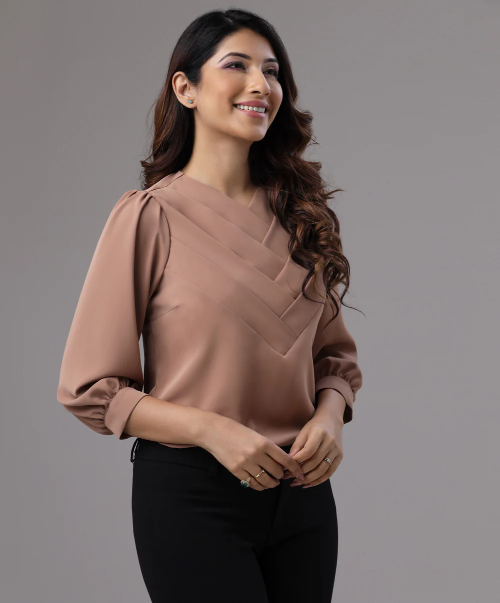 Front Side Pleated Brown Chiffon Top - Image 2