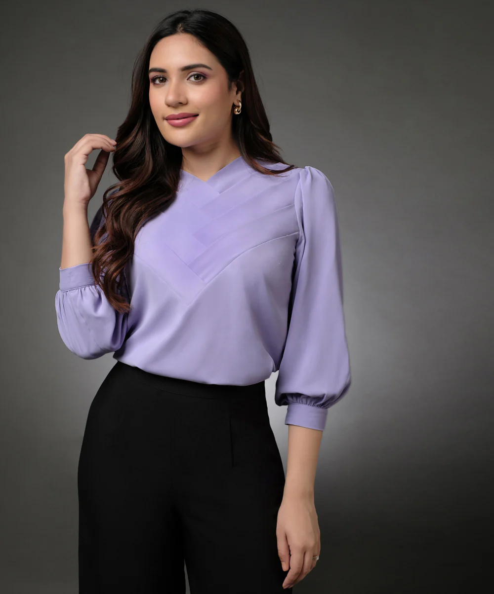 Front Slanted Pleated Lavender Half Sleeve Top - Image 2