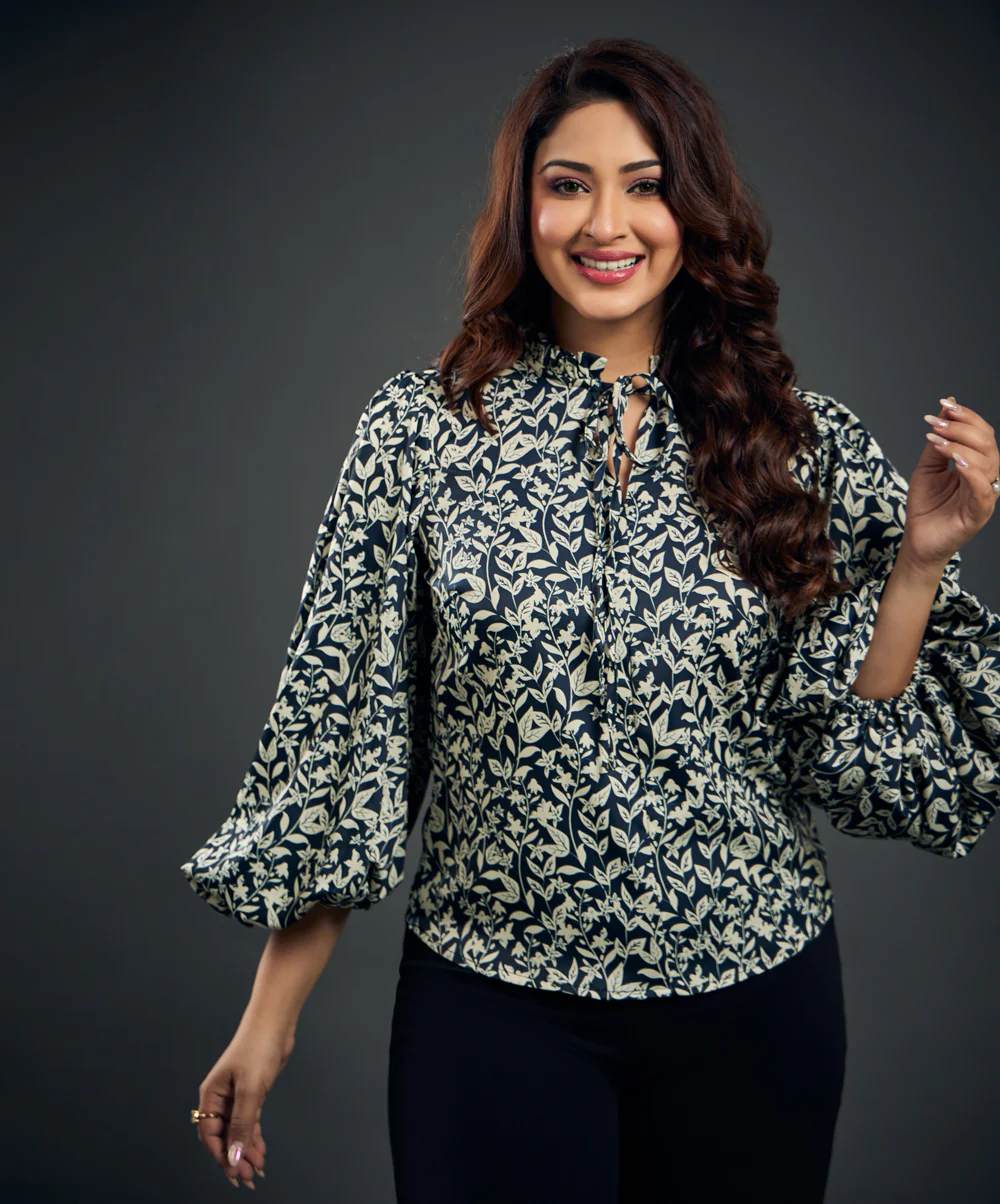 Front Tie Balloon Sleeve Printed Satin Top - Image 3