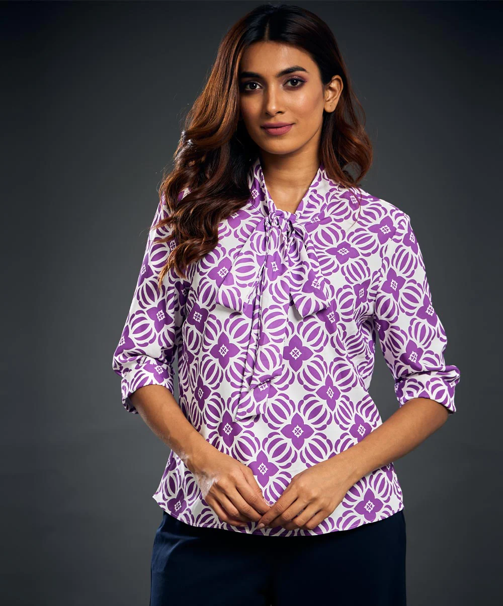 Front Tie Half Sleeve Purple Printed Top - Image 2