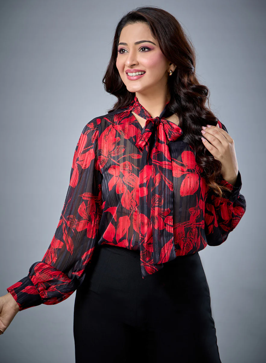 Front Tie Neck Long Sleeve Top
