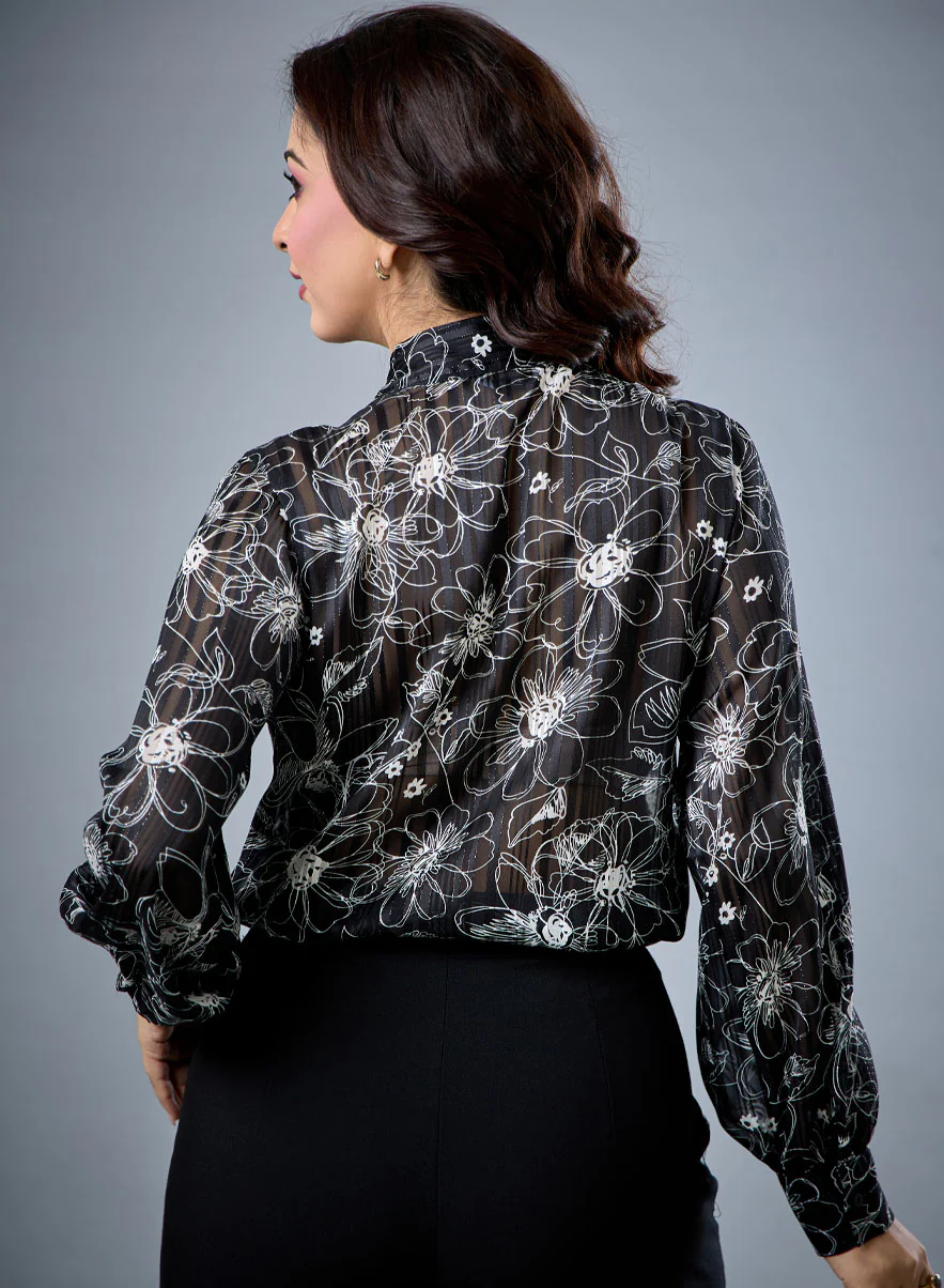 Front Tie Neck Long Sleeve Top - Image 3
