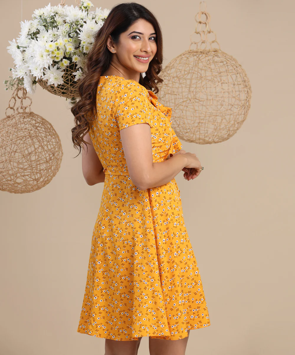 Front Vneck Frilled Short Sleeve Dress - Image 2