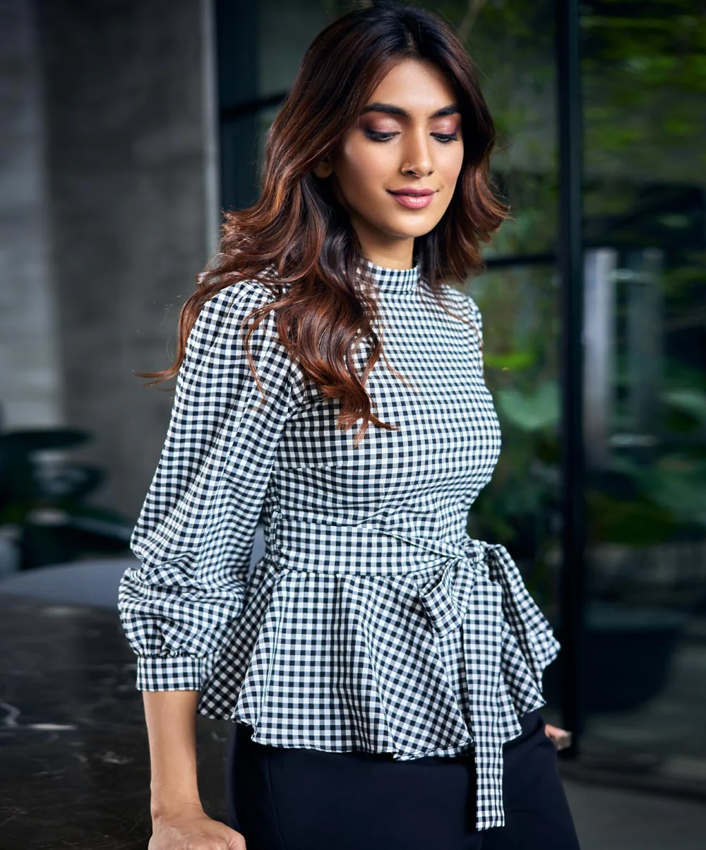Gingham Waist Tie Peplum Top - Image 2