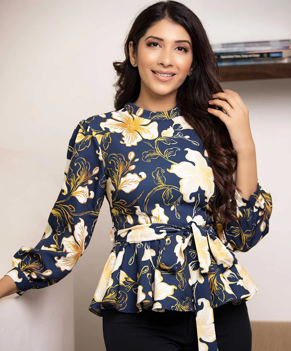 White Printed Peplum Waist Tie Top