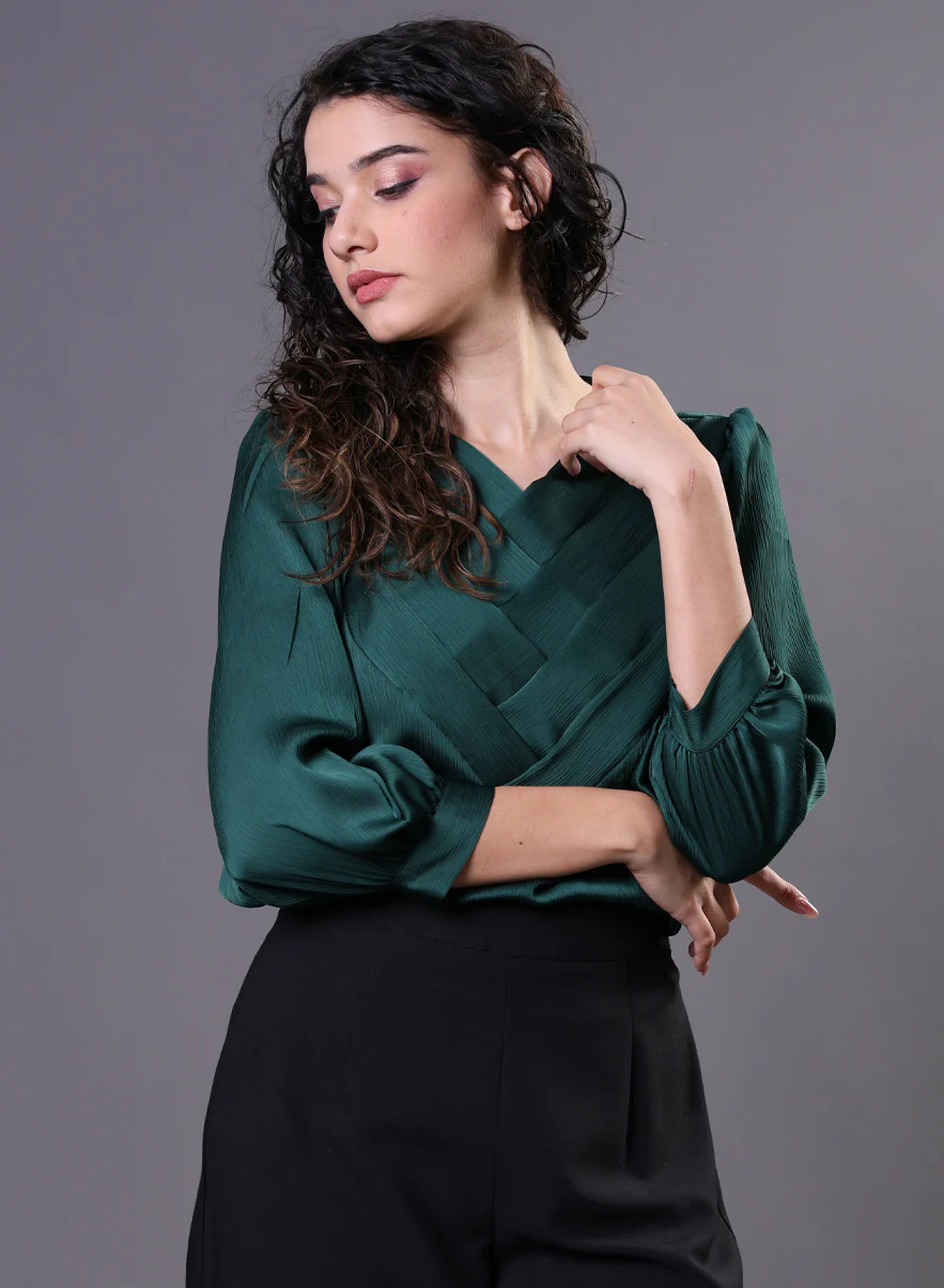 Green Side Pleated Chiffon Top