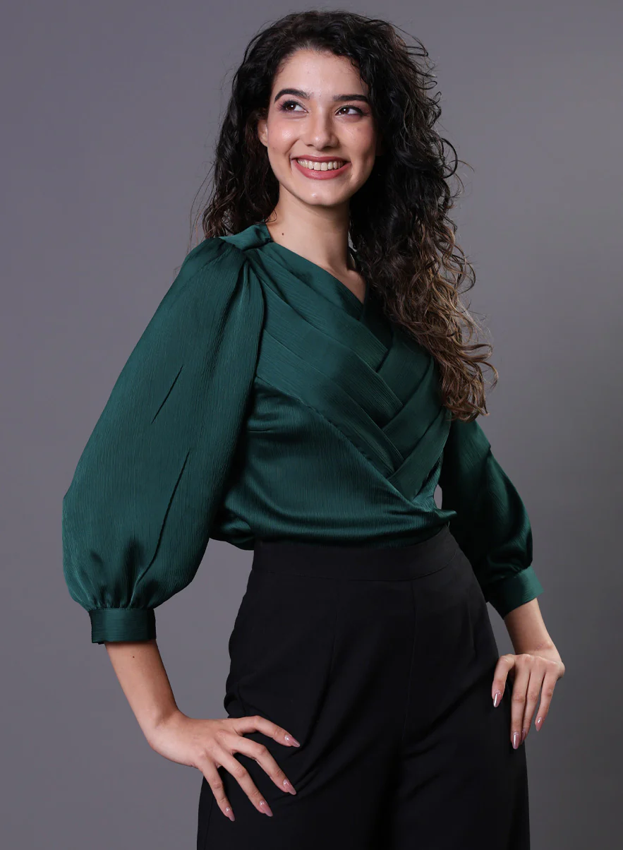 Green Side Pleated Chiffon Top - Image 2