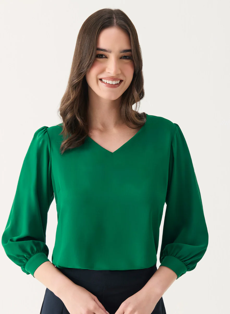 Green V Neck Long Chiffon Top - Image 3