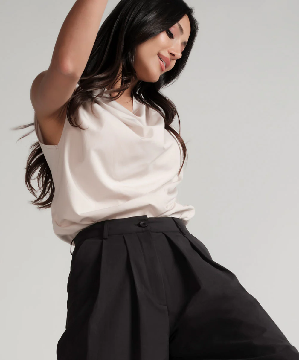 Beige Cowl Neck Top With Shoulder Pleats - Image 4