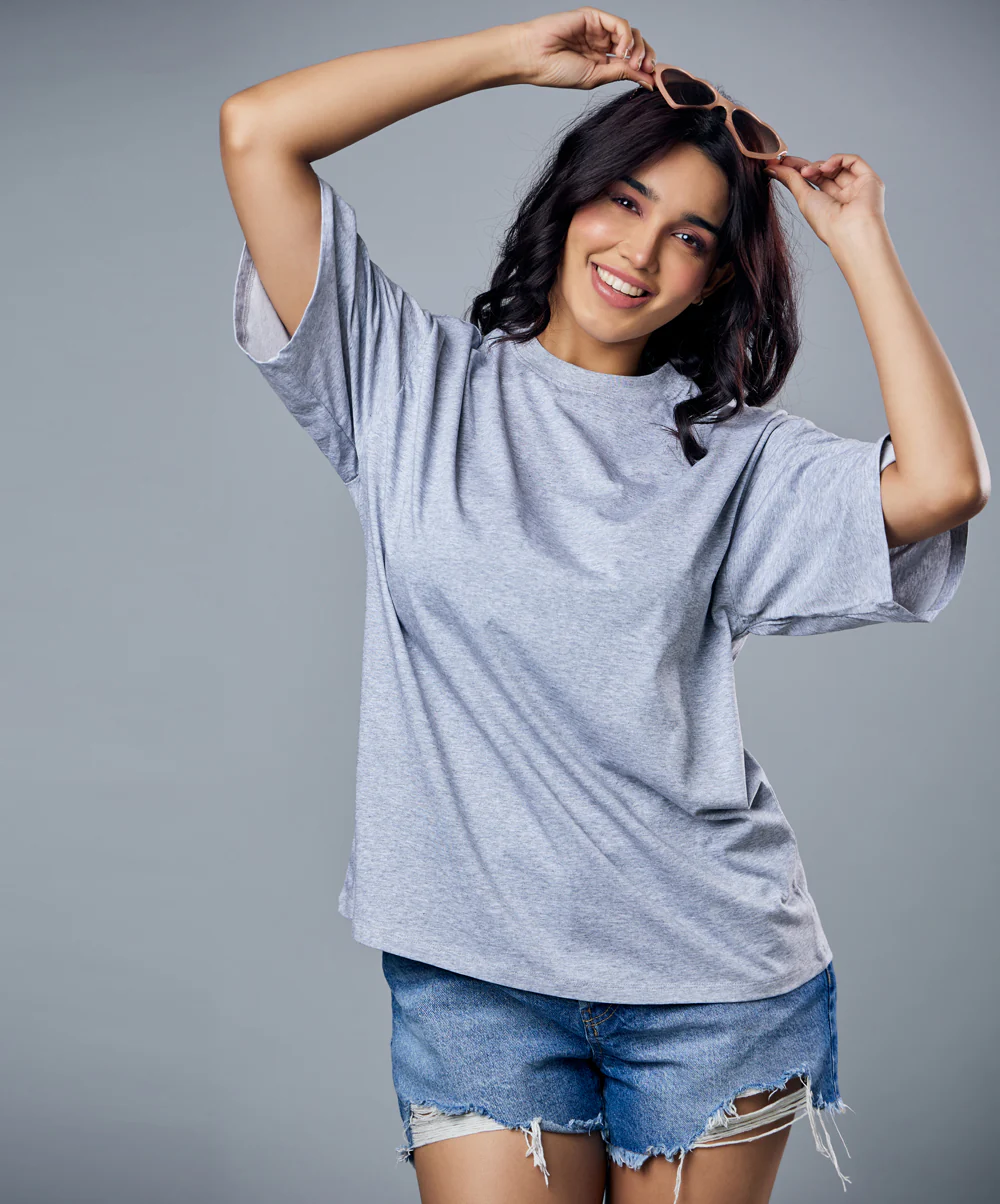 Grey Marl Solid Oversized Tshirt - Image 2