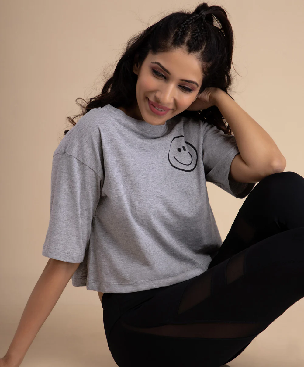 Grey Smiley Face Drop Shoulder TShirt