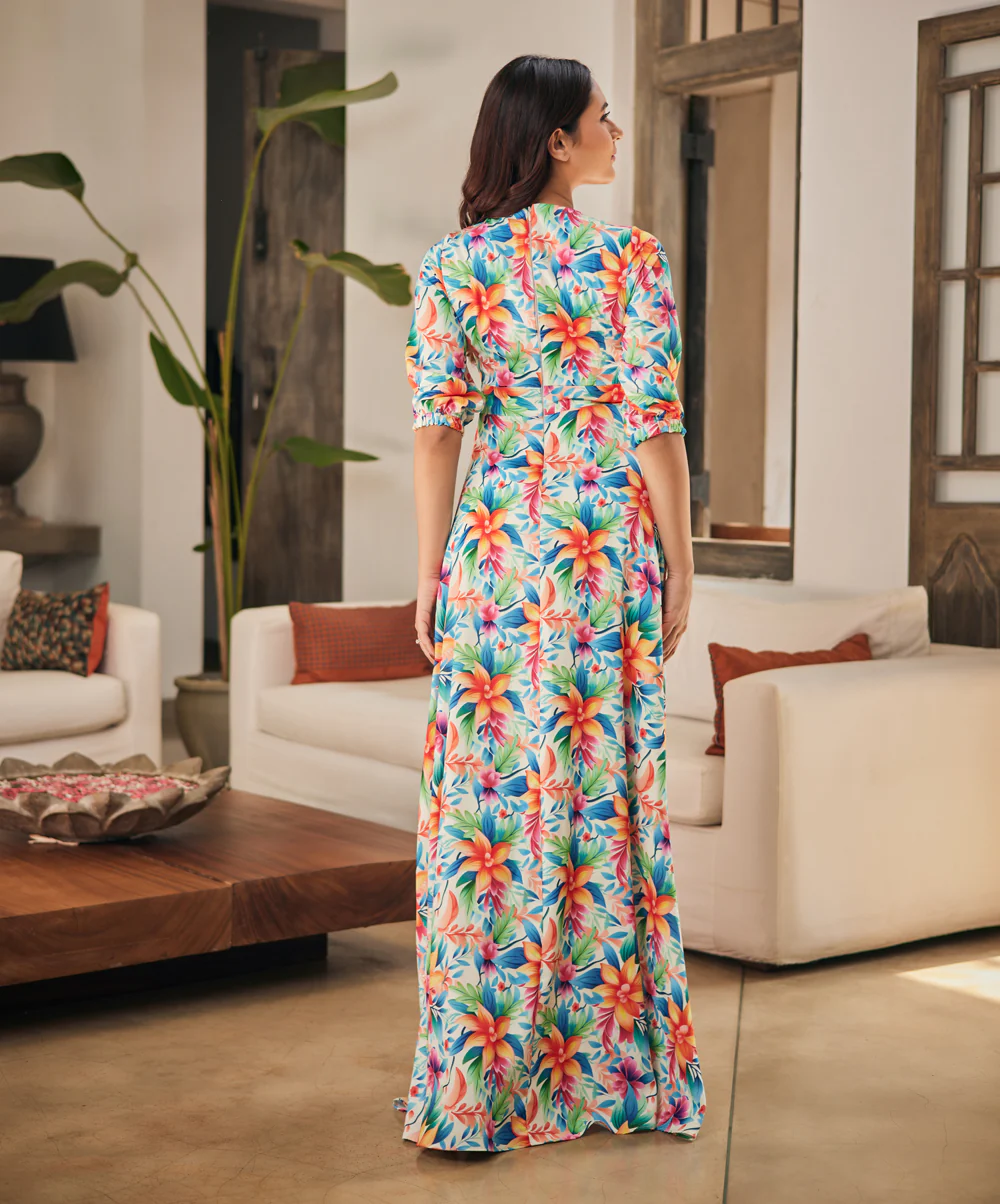 Half Puffed Sleeve Printed Maxi Dress - Image 4
