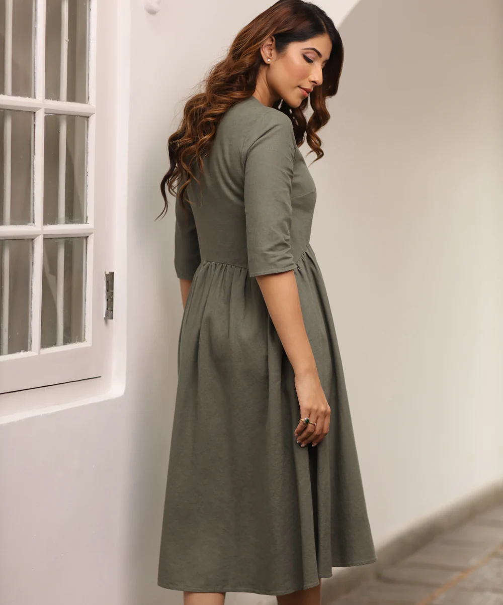Half Shirt Buttoned Linen Dress - Image 2