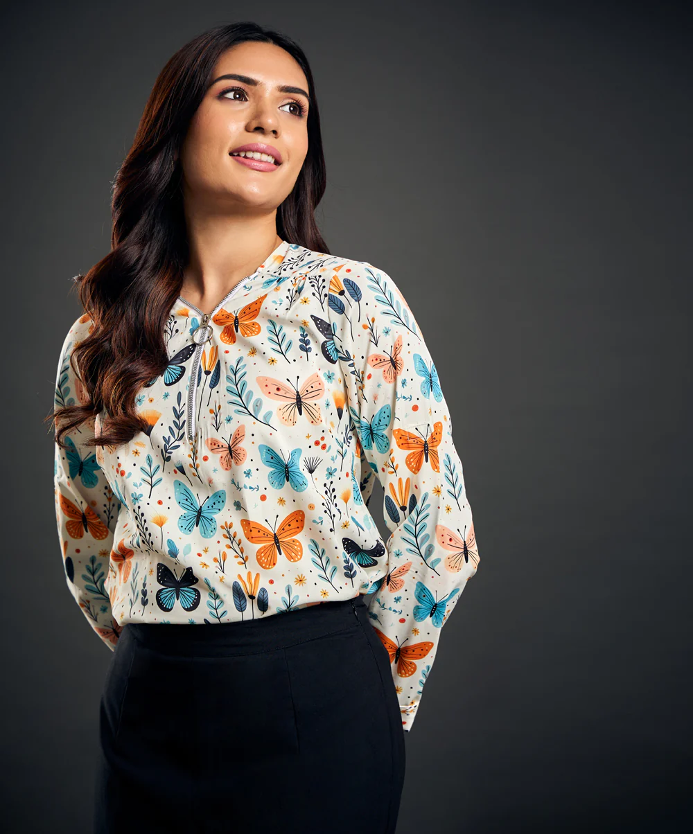Half Sleeve Butterfly Printed Top - Image 2
