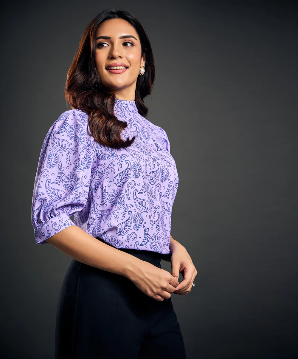 Half Sleeve Collared Paisley Printed Top - Image 2