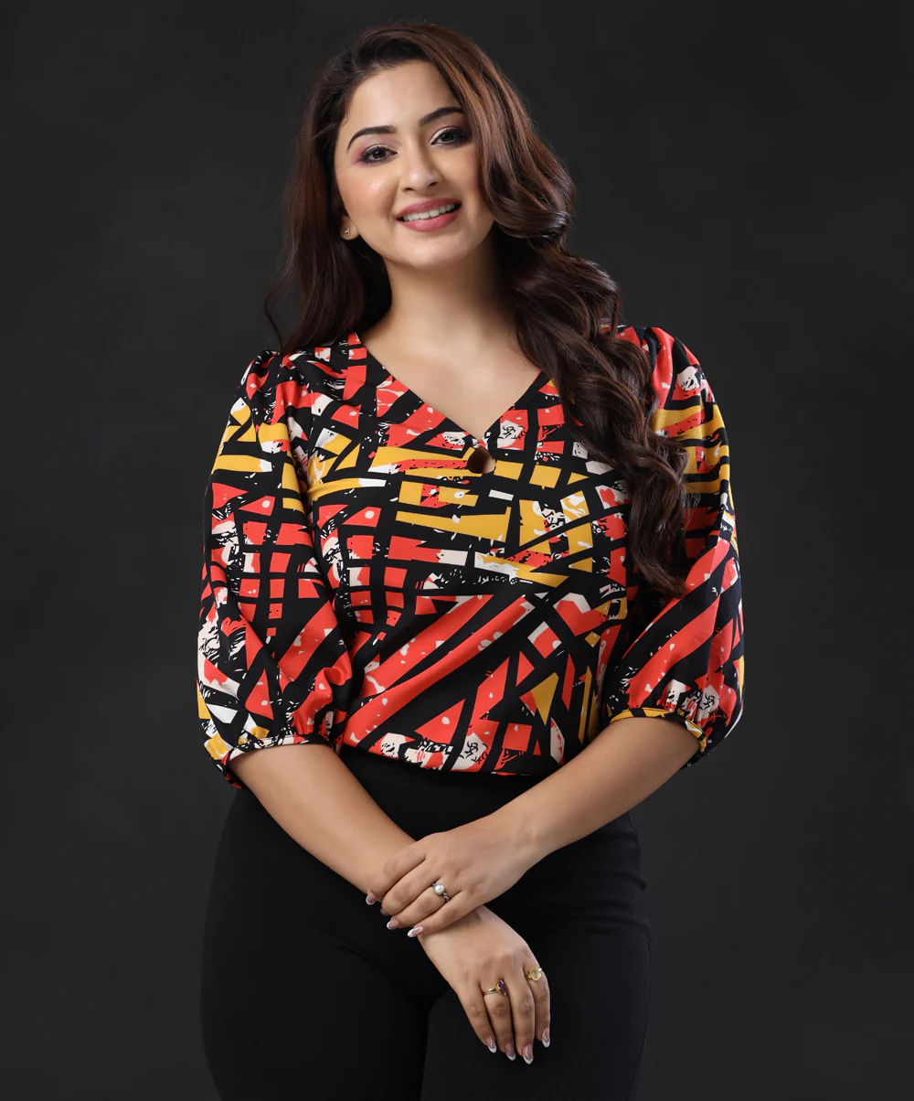 Half Sleeve Curved Vneck Orange Top