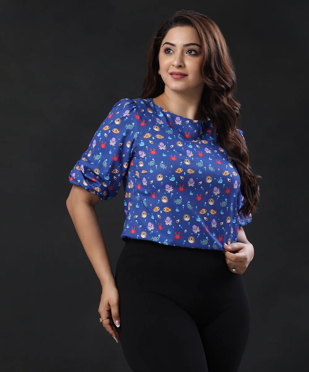 Half Sleeve Detailed Printed Blue Top - Image 2