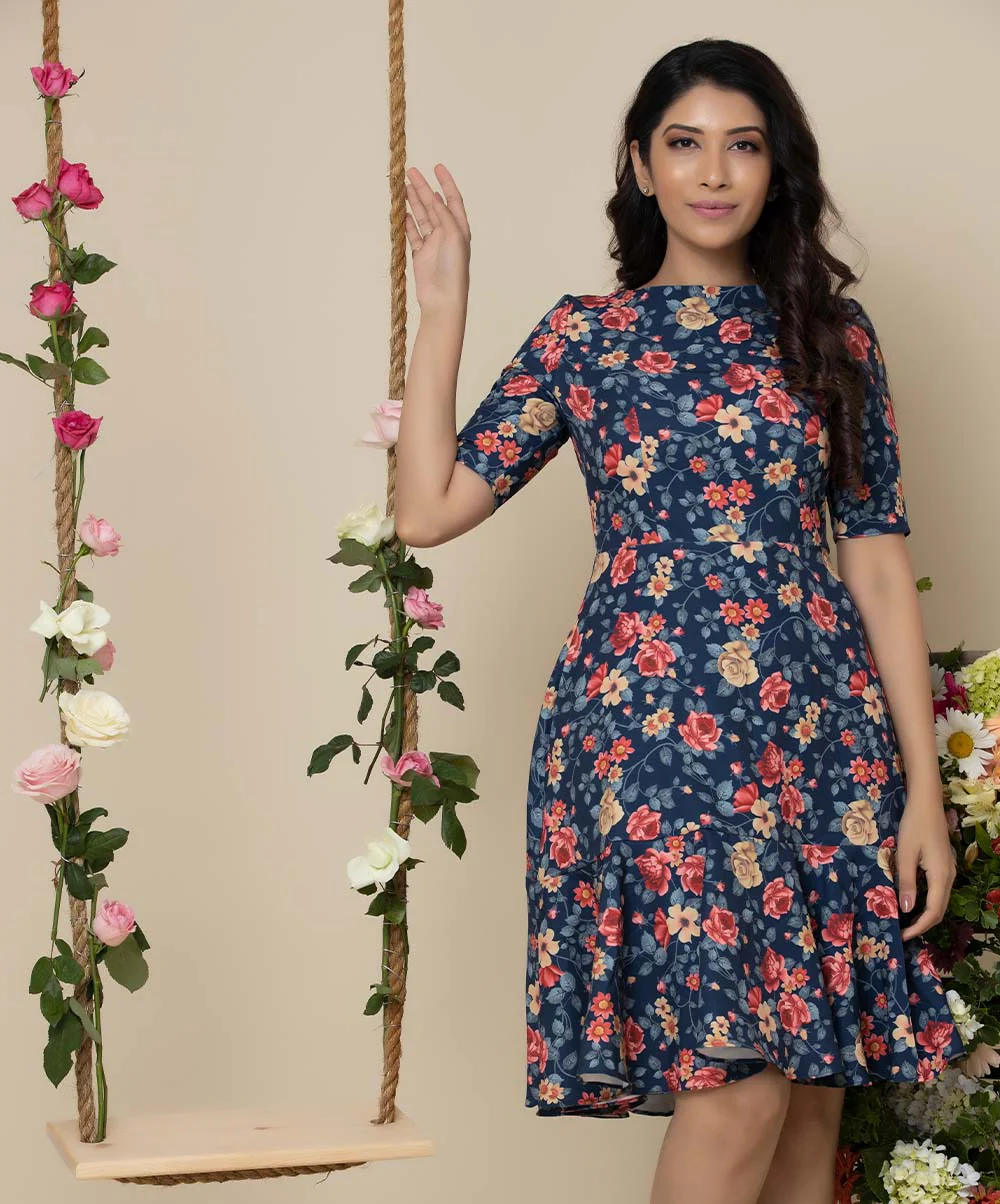 Half Sleeve Hem Paneled Flared Dress