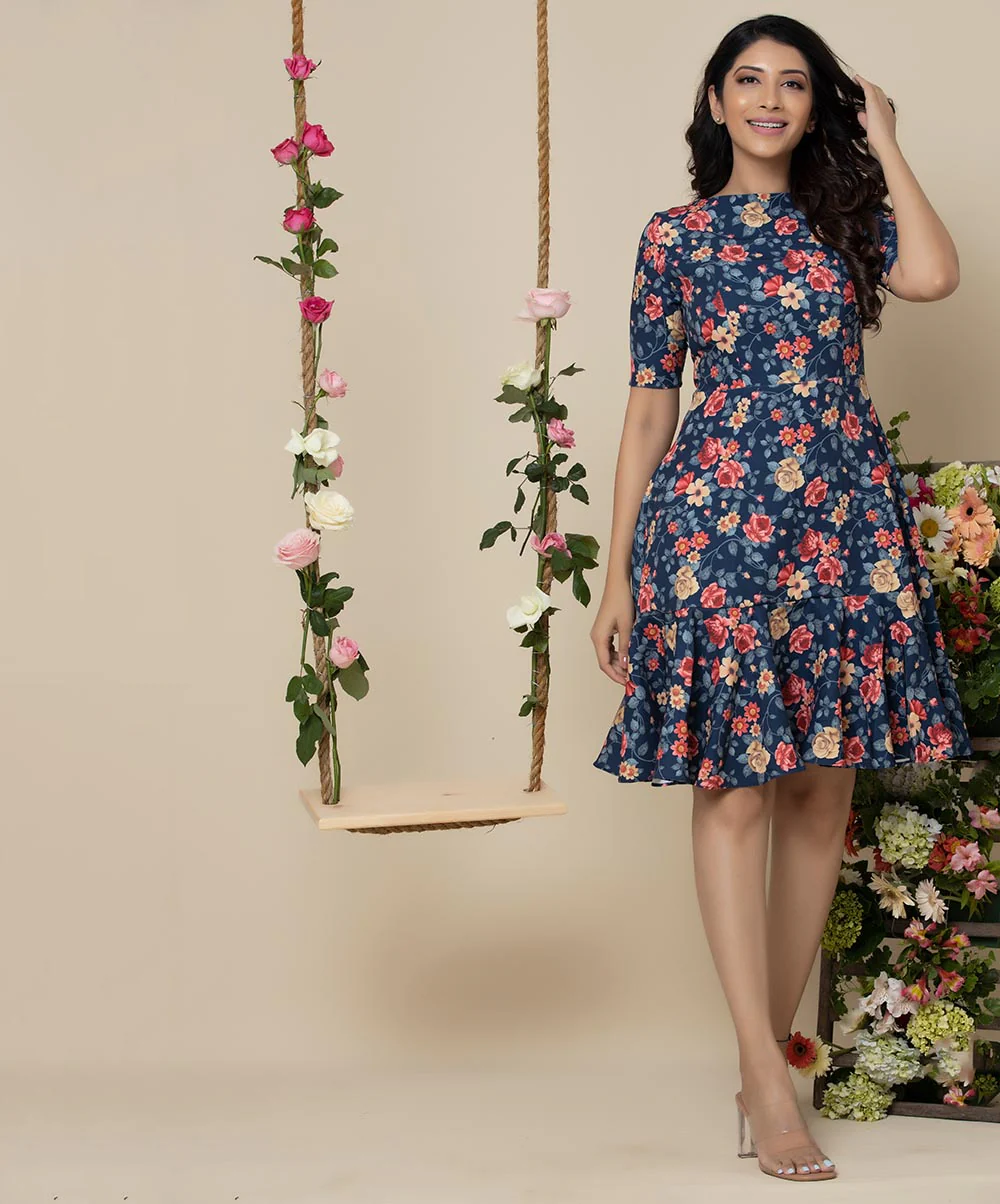 Half Sleeve Hem Paneled Flared Dress - Image 2