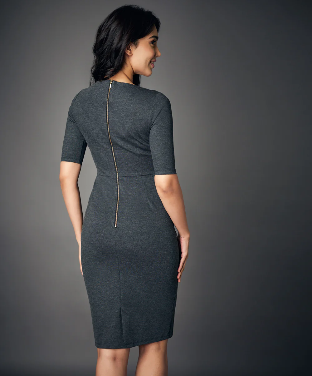 Half Sleeve Panel Bodycon Grey Dress - Image 5
