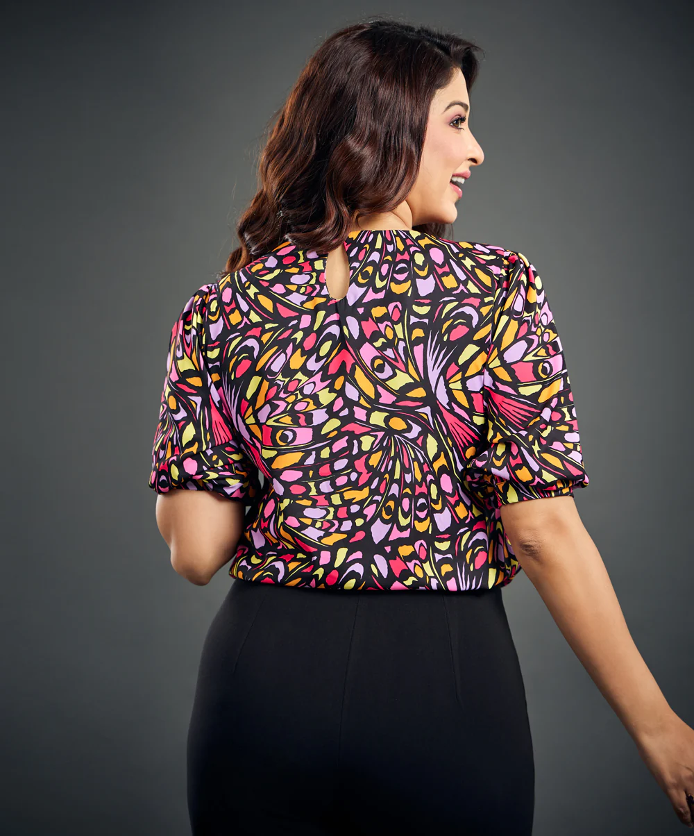 Half Sleeve Printed Chiffon Black Top - Image 3